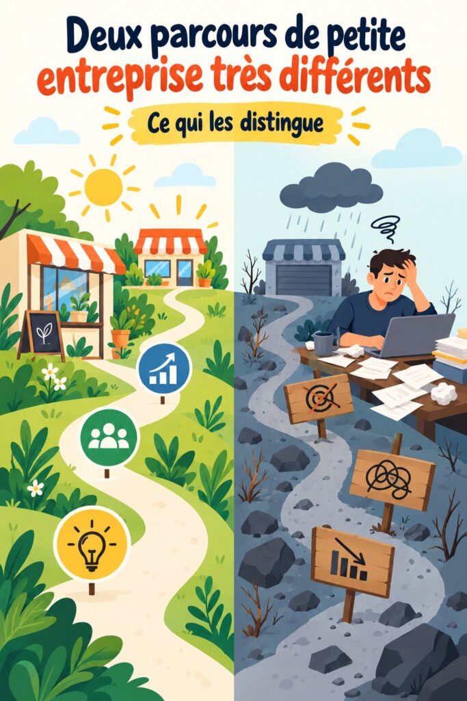 Illustration de deux parcours de réussite d'entrepreneurs avec des visuels inspirants.
