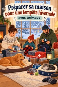 Maison familiale préparée pour une tempête hivernale avec des équipements en sécurité.
