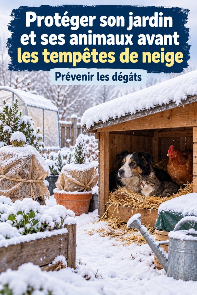 Jardin enneigé préparé pour la tempête de neige