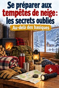 Femme préparant sa maison avant une tempête de neige, en vérifiant les fournitures d'urgence.