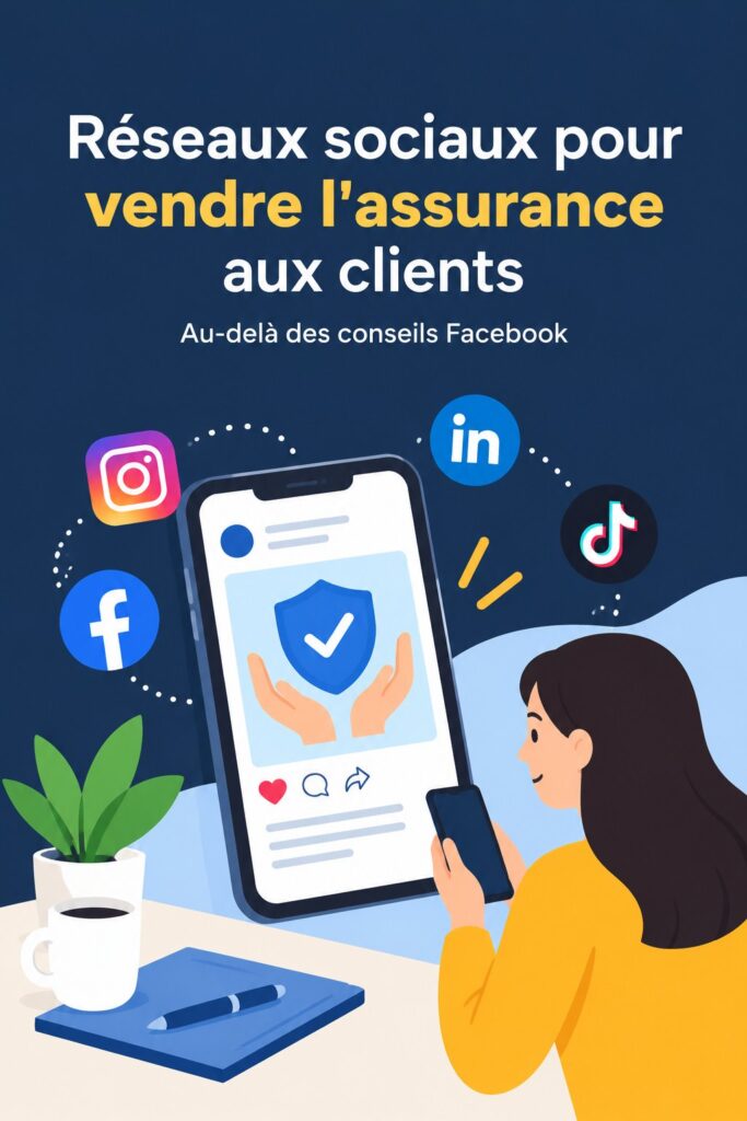 Femme souriante regardant son téléphone, représentant l'utilisation des réseaux sociaux pour vendre de l'assurance.
